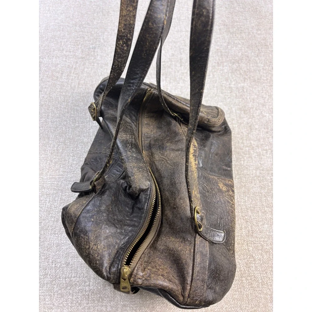 Vintage Meyers USA Distressed Brown Leather Barrel Shoulder Bag Satchel Brass
